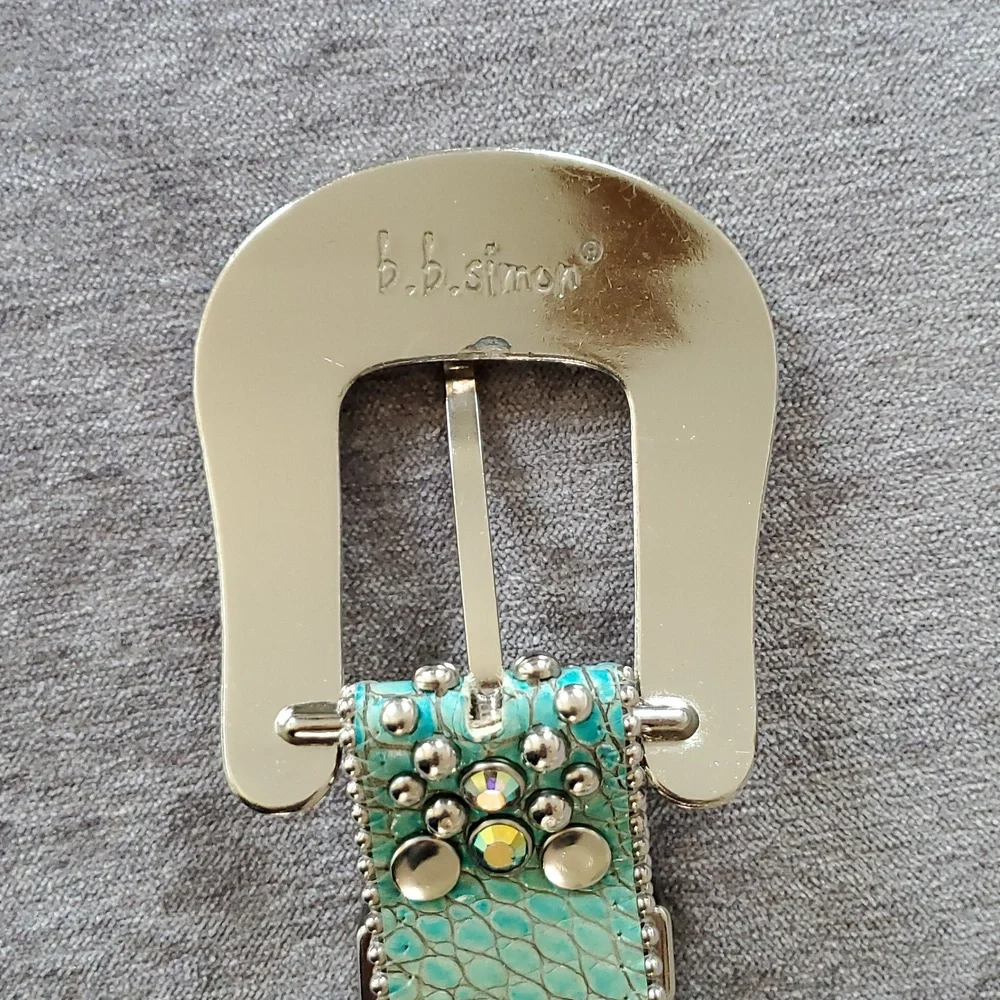 Exquisite b.b. simon Belt In Turquoise Italian Leather With Swarovski Crystals - Picture 6 of 11